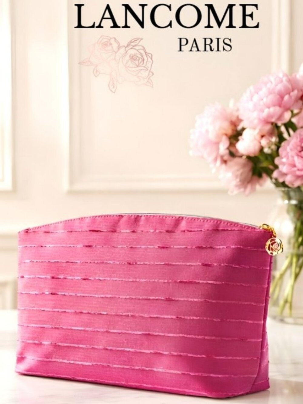 Lancome NEW Large Cosmetic Makeup Bag Bright Pink Stripes Travel Toiletry Pouch